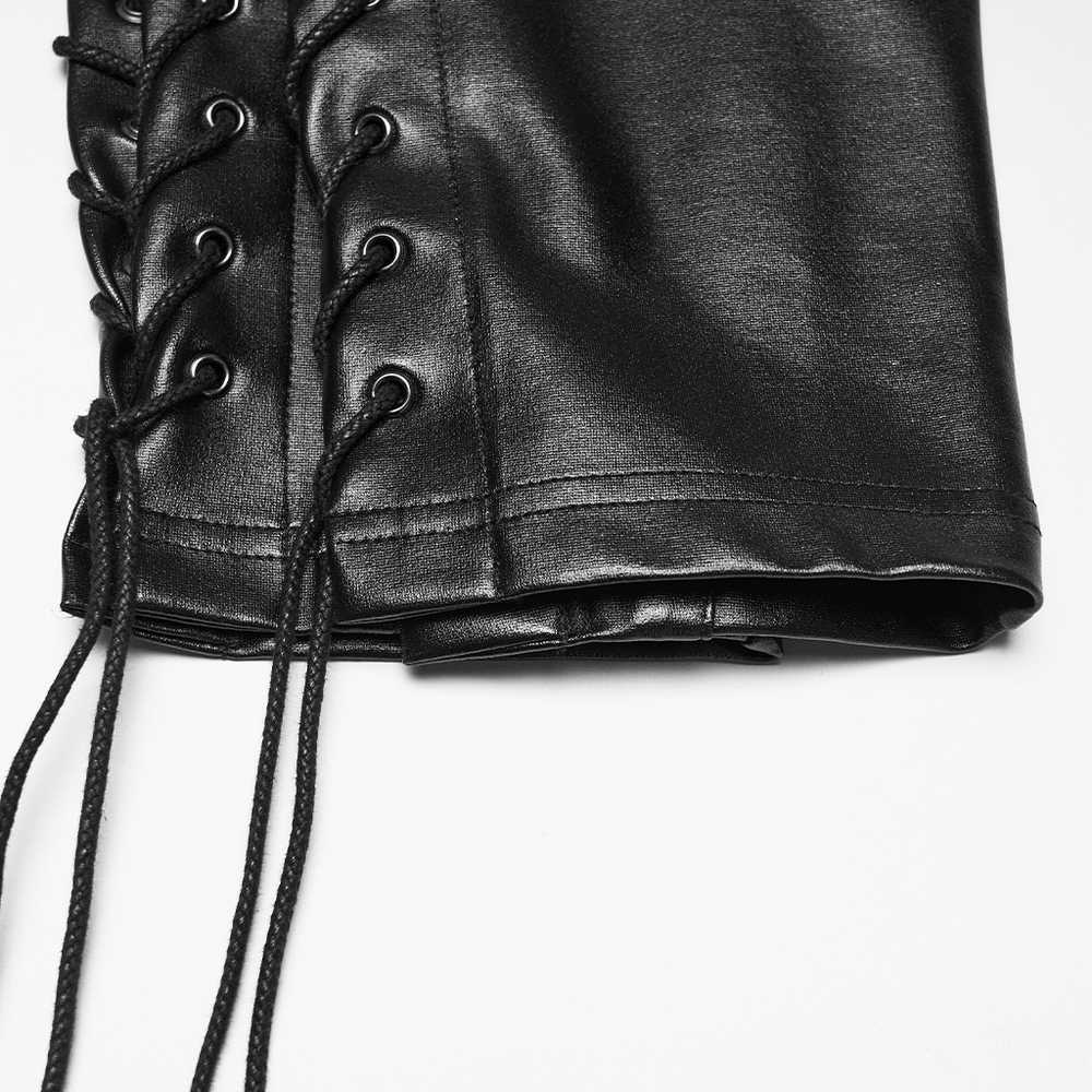 Black Punk Faux Leather Leggings with Side Drawstrings