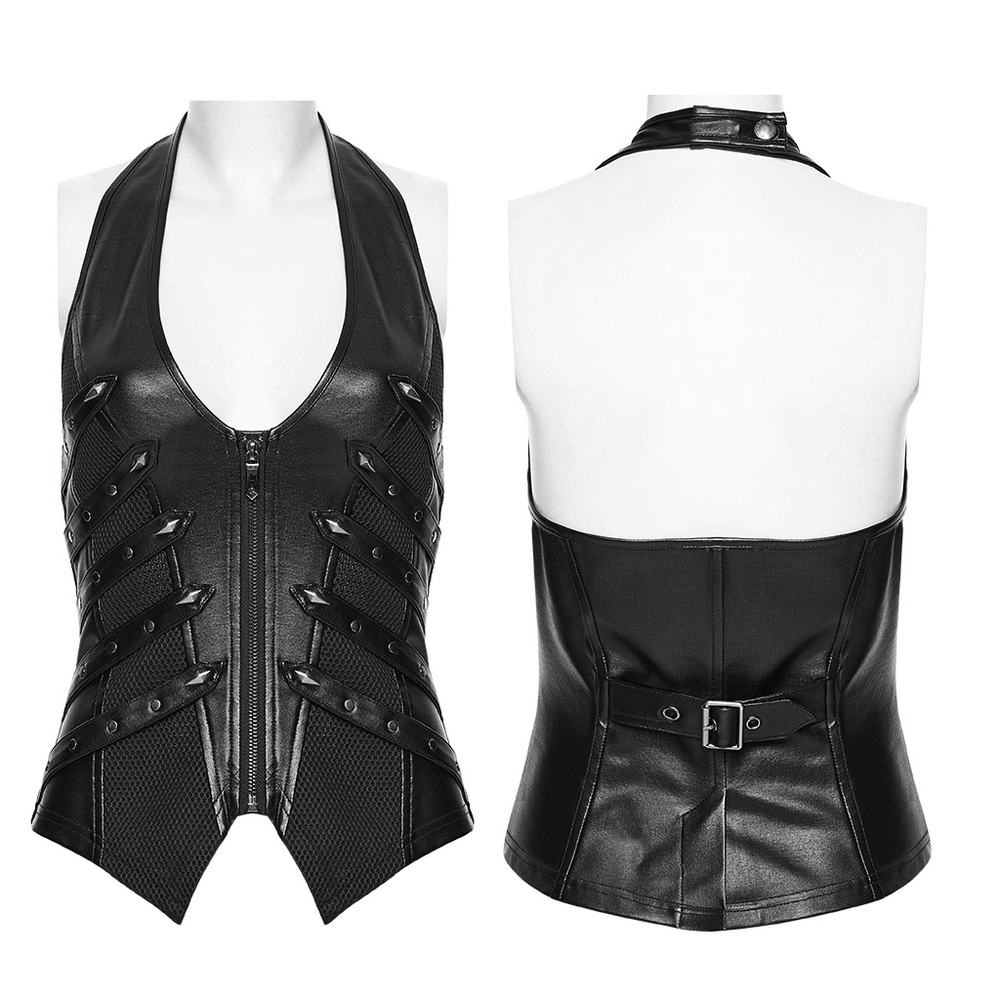 Black Punk Halter Vest with Studded Strap Panels