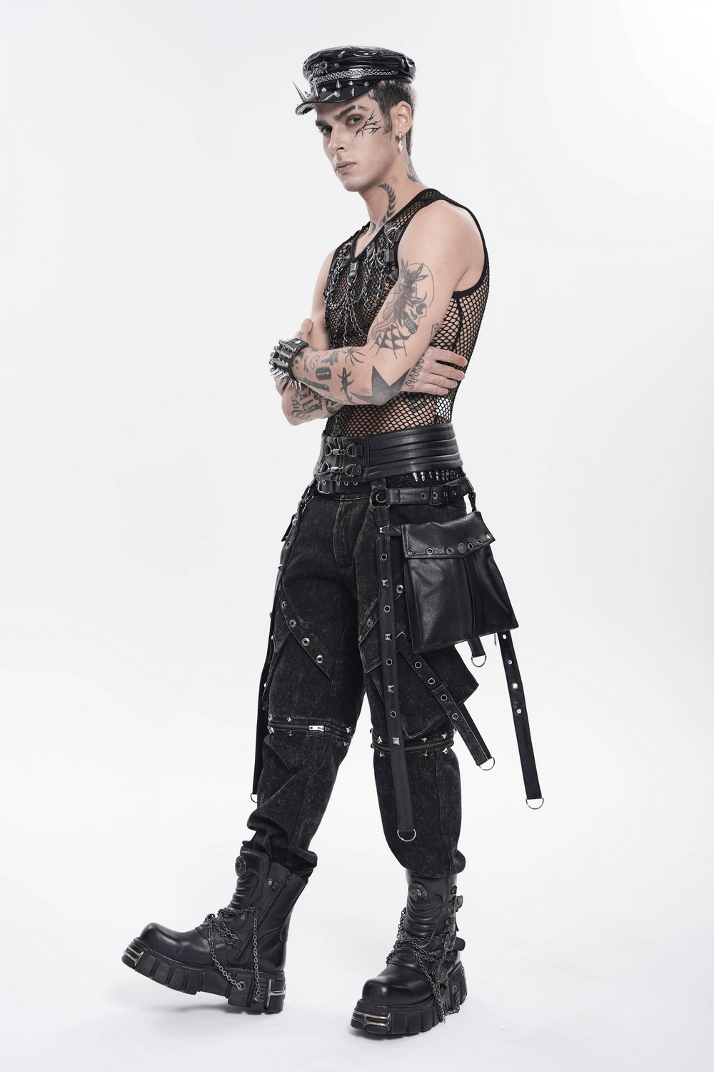 Black Punk Harness Belt with Garter Straps and Pouches