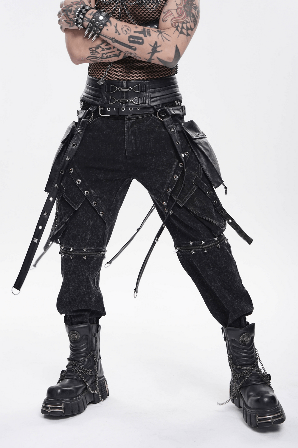 Black Punk Harness Belt with Garter Straps and Pouches