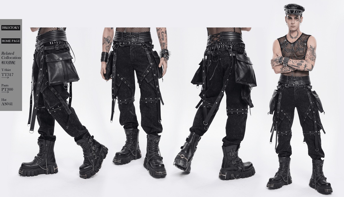 Black Punk Harness Belt with Garter Straps and Pouches