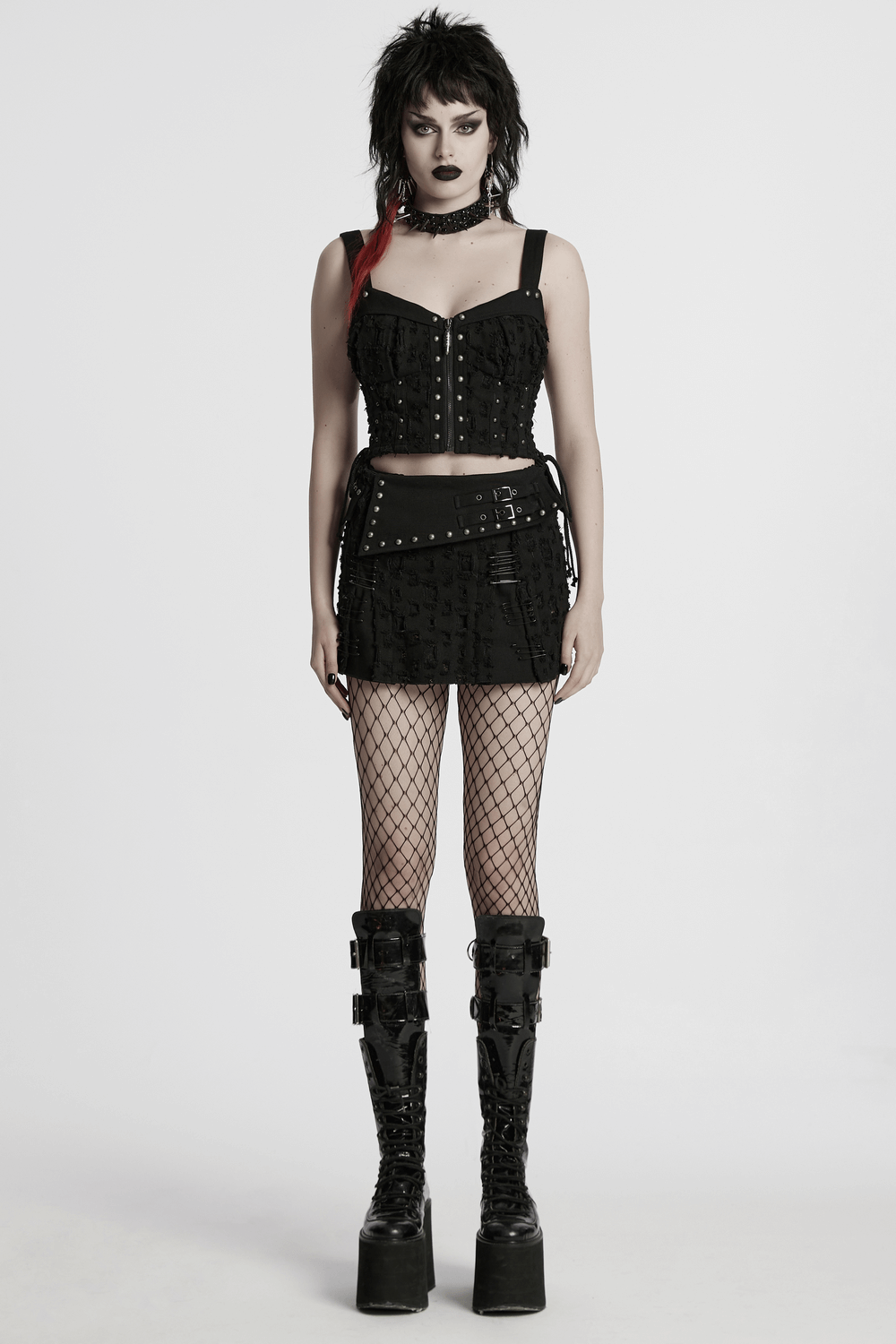 Black Punk Mini Skirt with Studs and Safety Pins