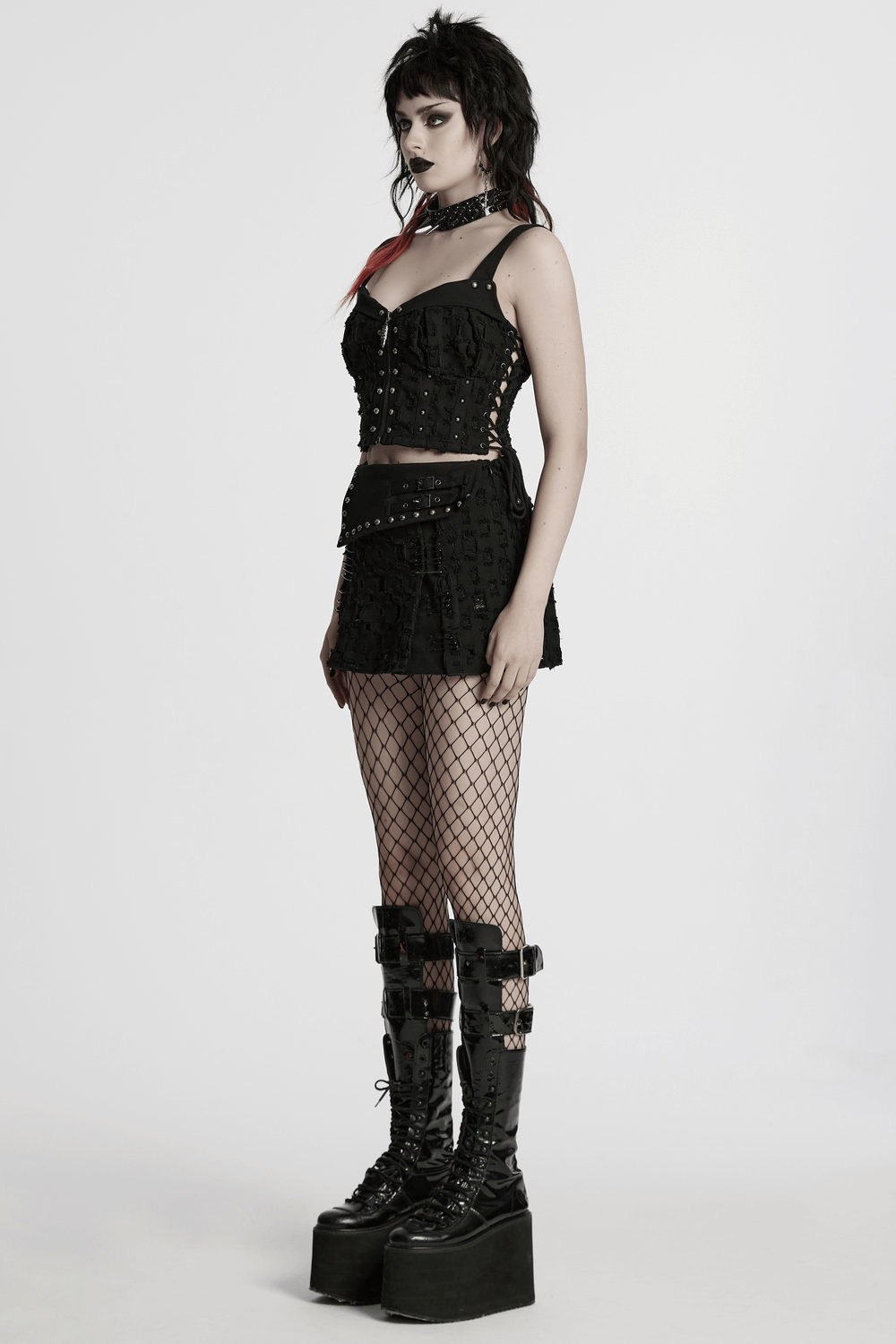 Black Punk Mini Skirt with Studs and Safety Pins