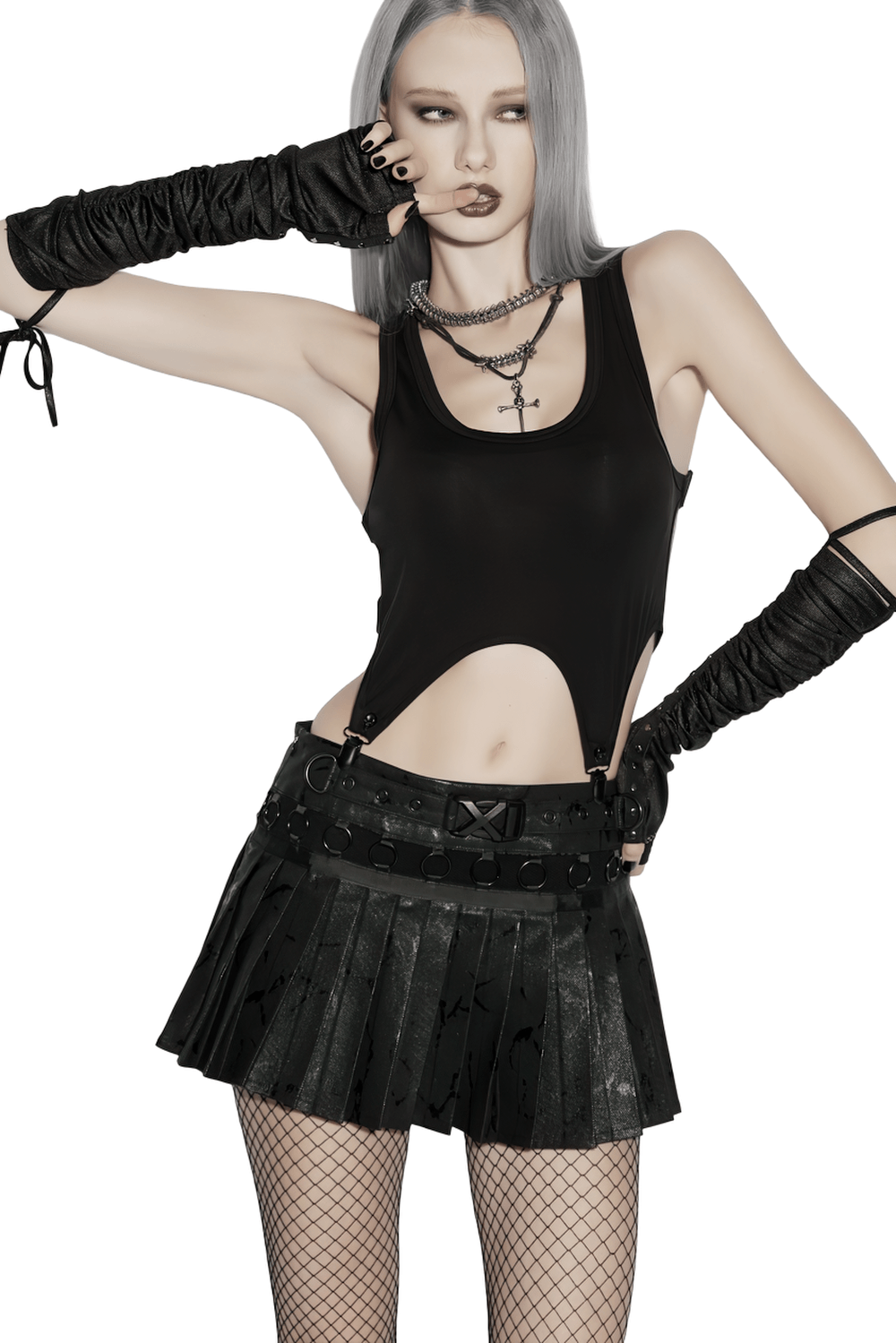 Black Punk Pleated Mini Skirt with Ring Details