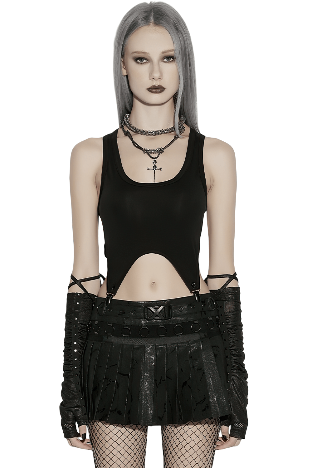 Black Punk Pleated Mini Skirt with Ring Details