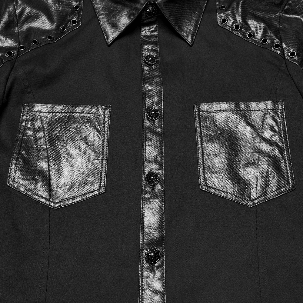 Black Punk Twill Shirt with Leather Panels and Stud Details