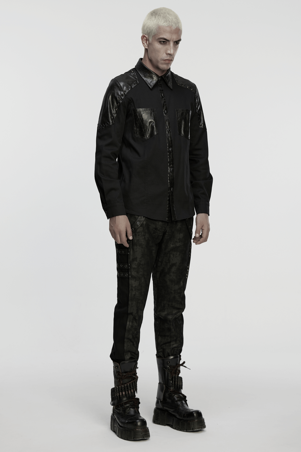 Black Punk Twill Shirt with Leather Panels and Stud Details