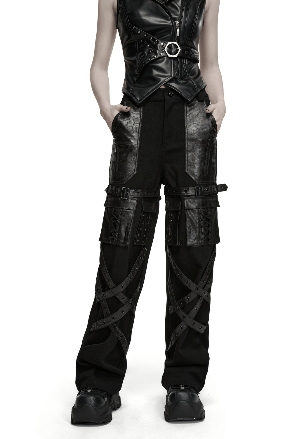 Black Punk Wide-Leg Cargo Pants with Harness Straps