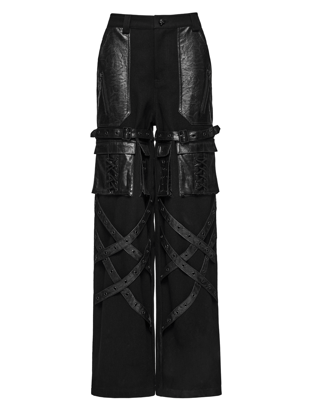 Black Punk Wide-Leg Cargo Pants with Harness Straps