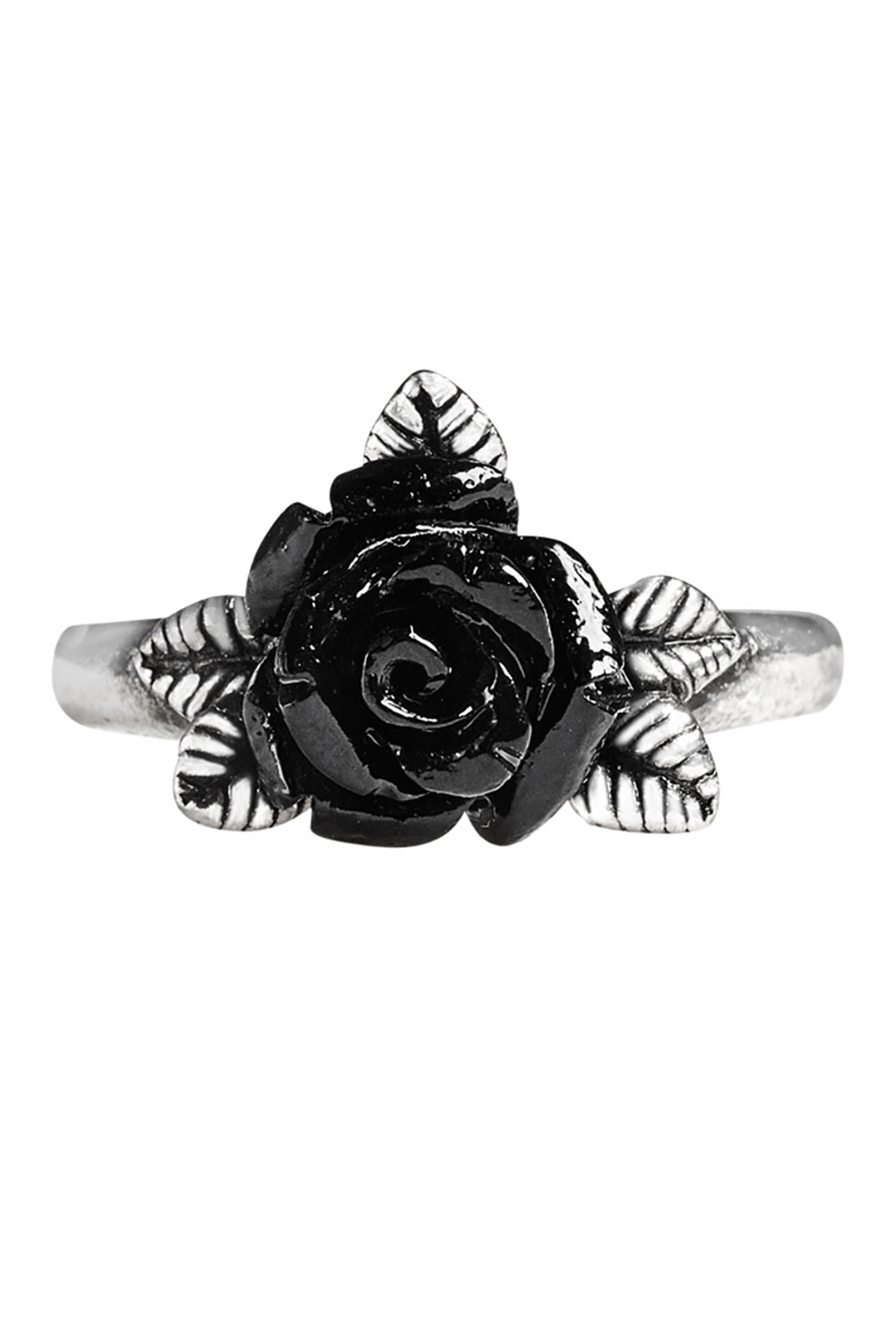 Black Resin Rose Gothic Ring with Pewter Leaves Accent