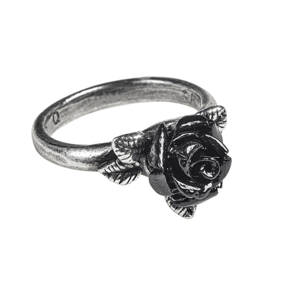 Black Resin Rose Gothic Ring with Pewter Leaves Accent