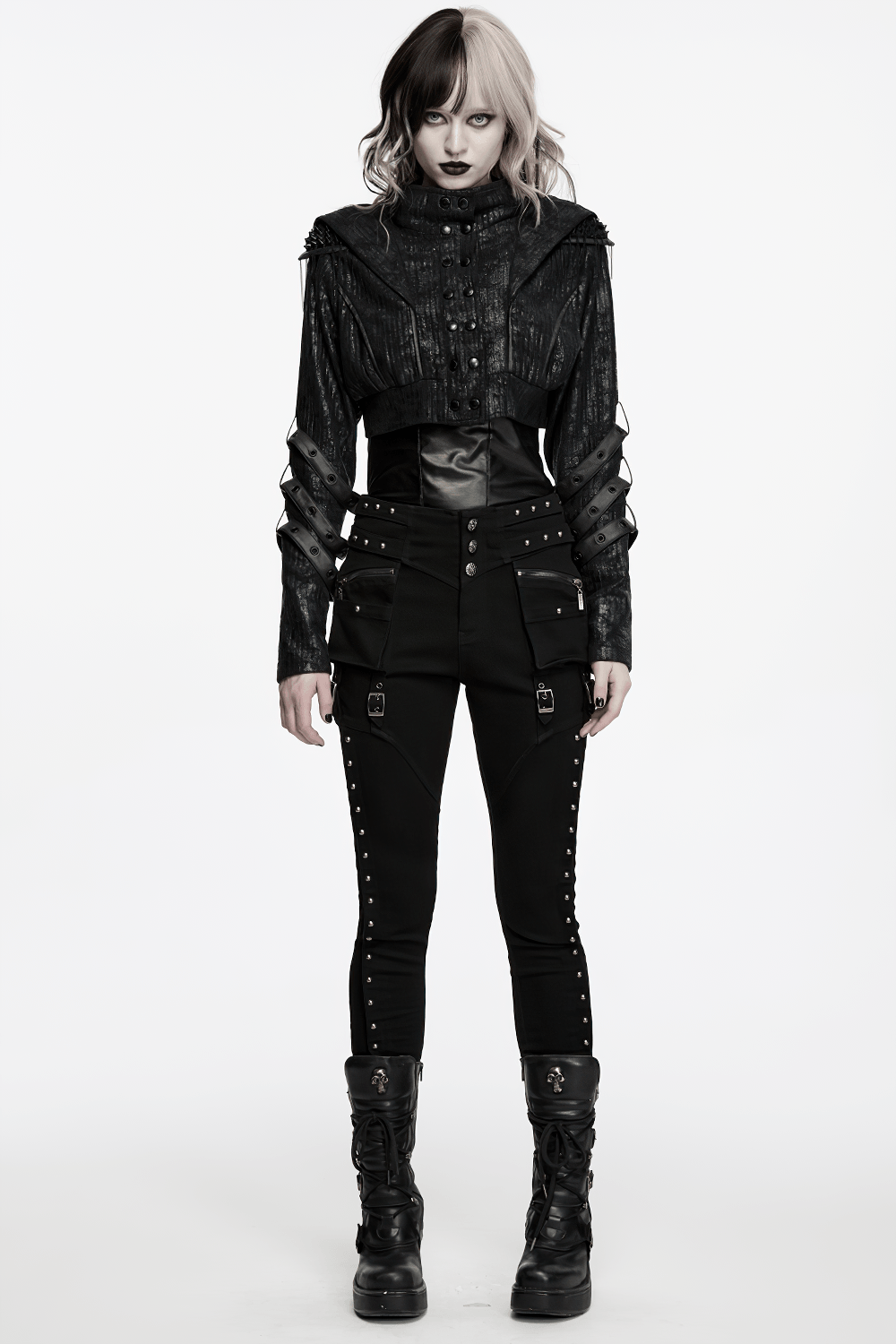 Black Ribbed Punk Jacket with Hood and Leather Cuffs