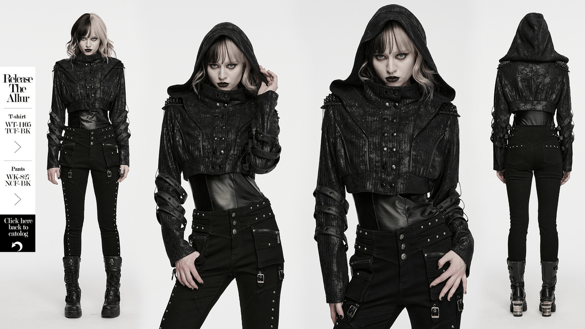Black Ribbed Punk Jacket with Hood and Leather Cuffs
