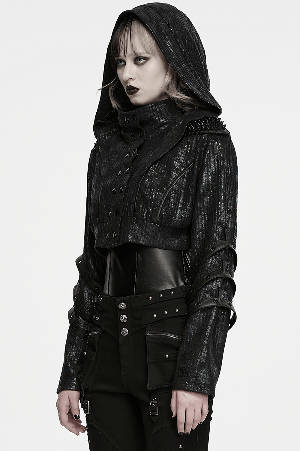 Black Ribbed Punk Jacket with Hood and Leather Cuffs