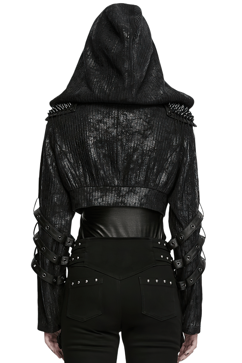 Black Ribbed Punk Jacket with Hood and Leather Cuffs