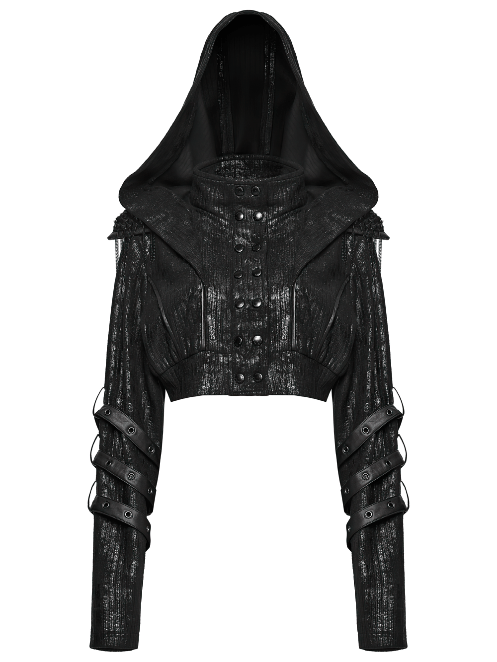 Black Ribbed Punk Jacket with Hood and Leather Cuffs
