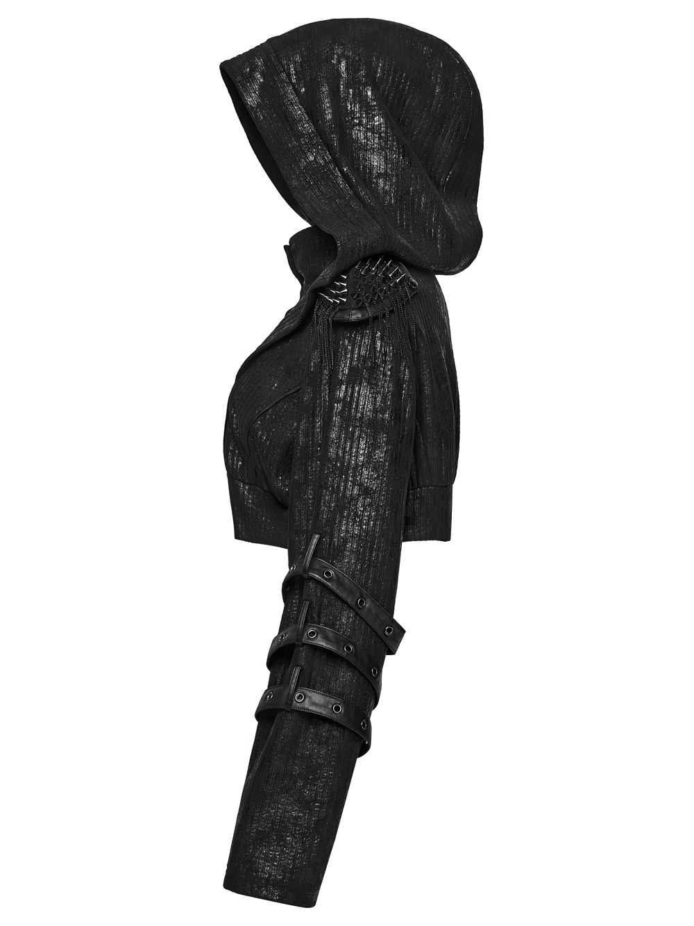 Black Ribbed Punk Jacket with Hood and Leather Cuffs