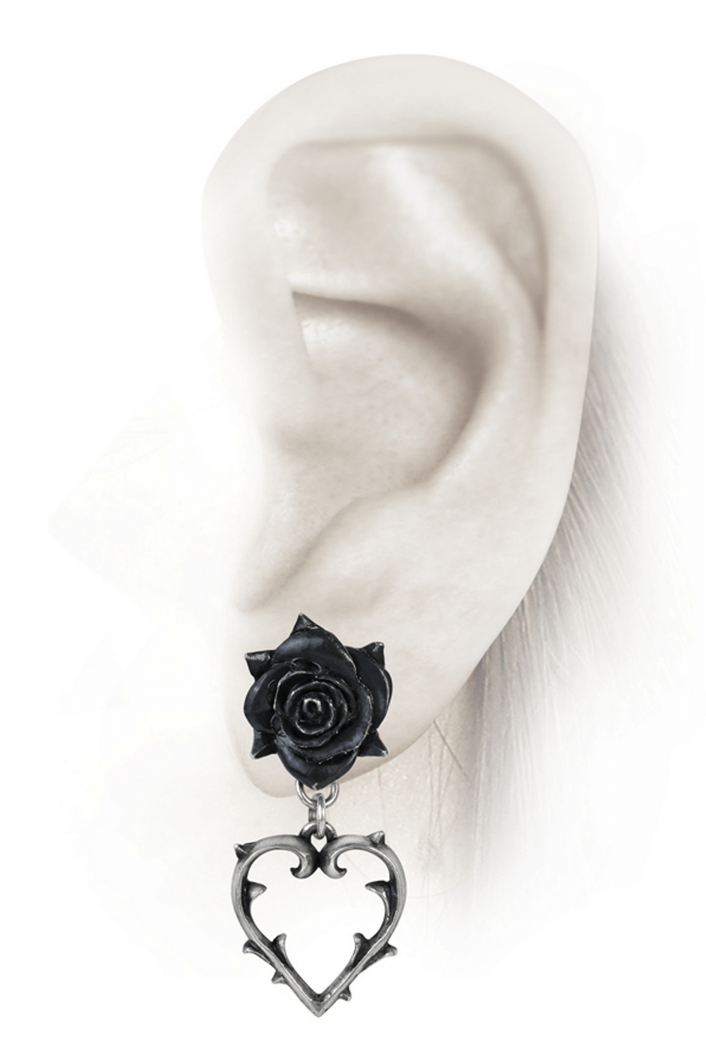 Black Rose and Heart Earrings with Pewter Detailing