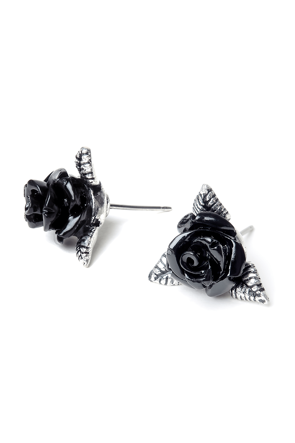 Black Rose Triangular Stud Earrings with Pewter Details
