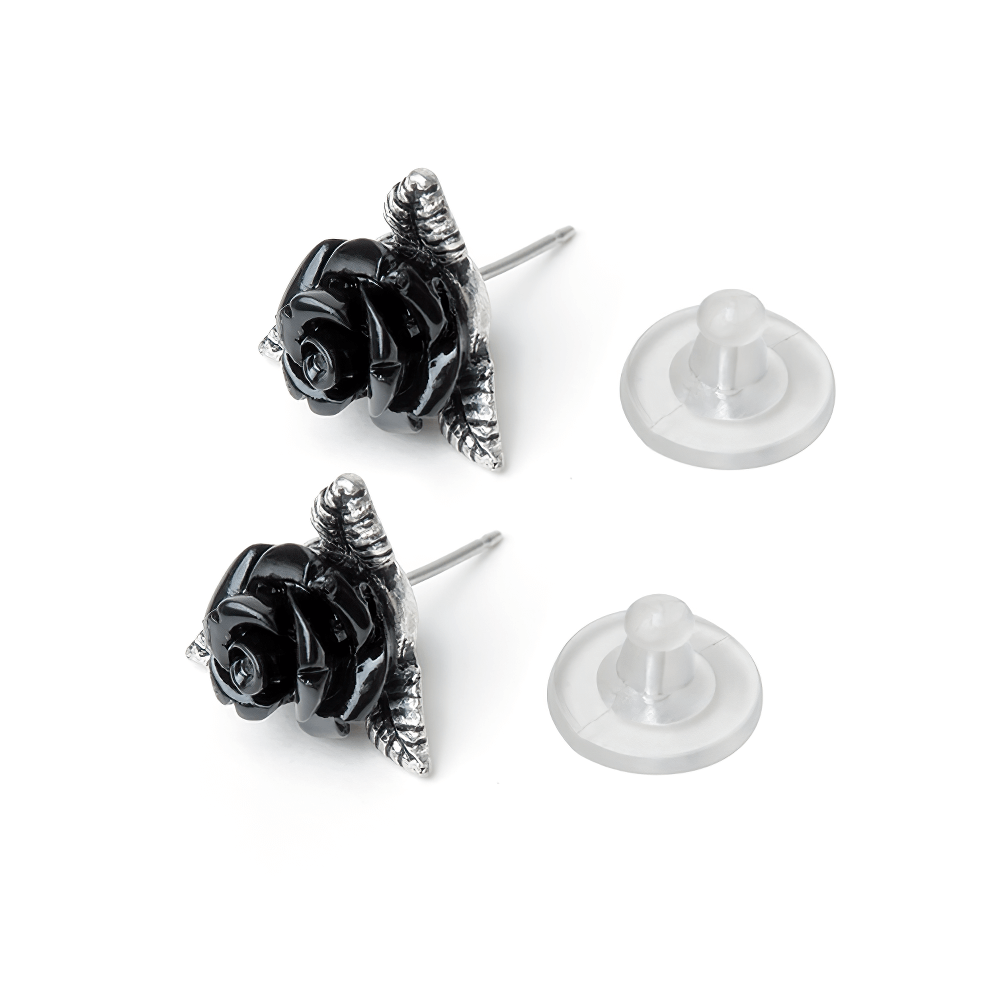 Black Rose Triangular Stud Earrings with Pewter Details