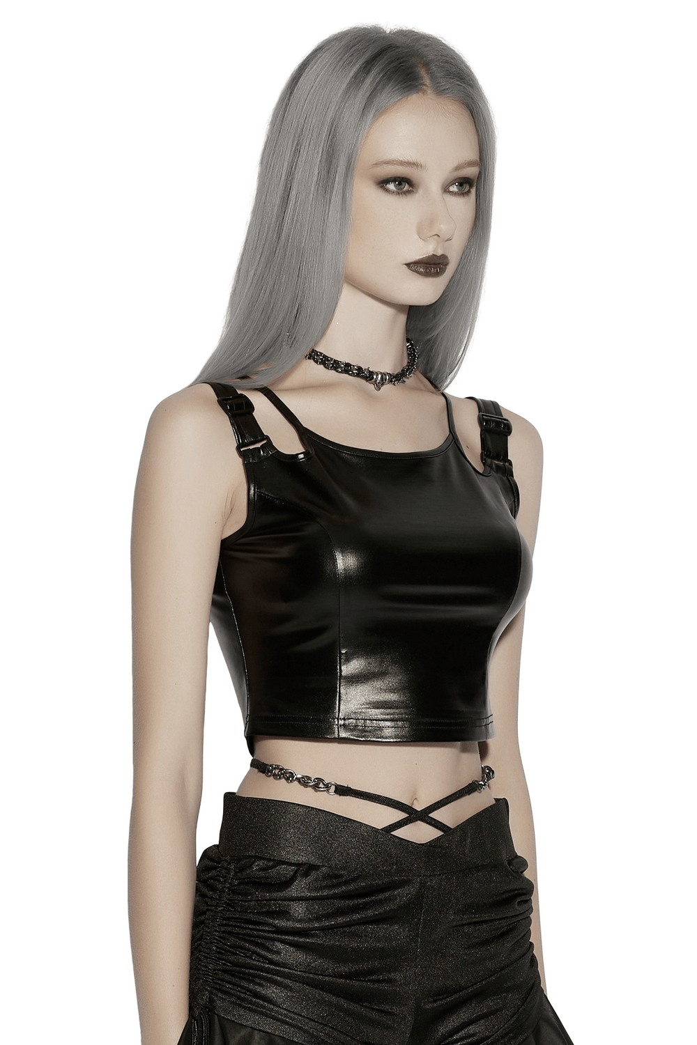 Black Rubberized Punk Techwear Crop Top Women