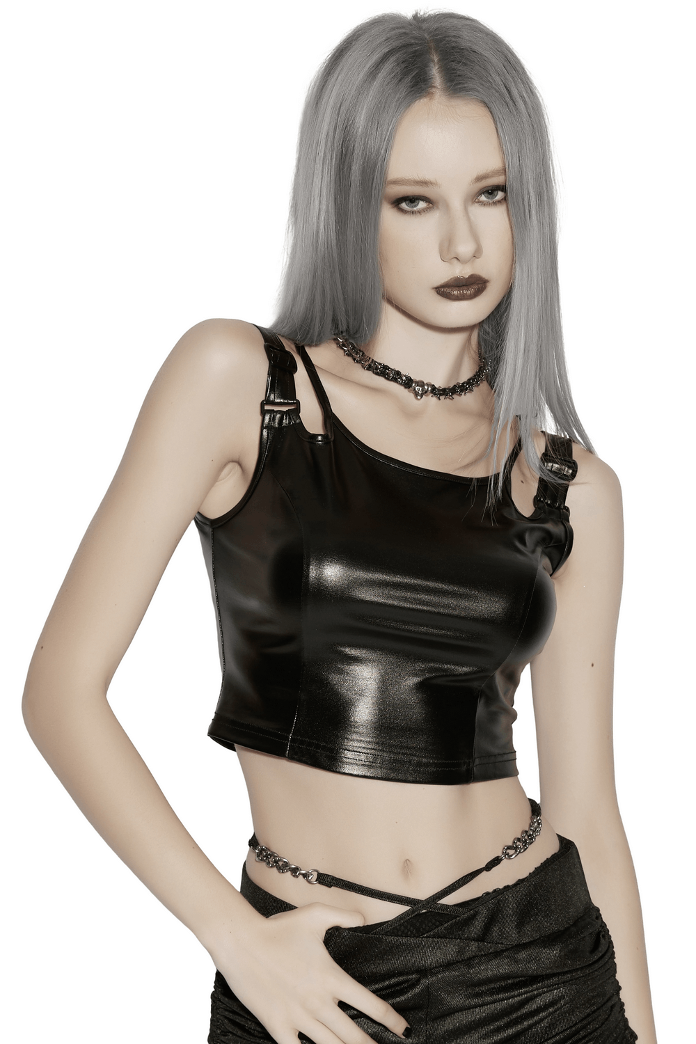 Black Rubberized Punk Techwear Crop Top Women