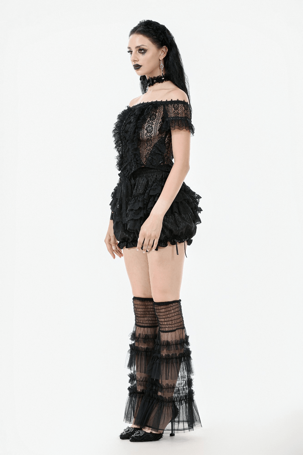 Black Ruffle Lace Bloomers Shorts with Tying Ribbons Detail