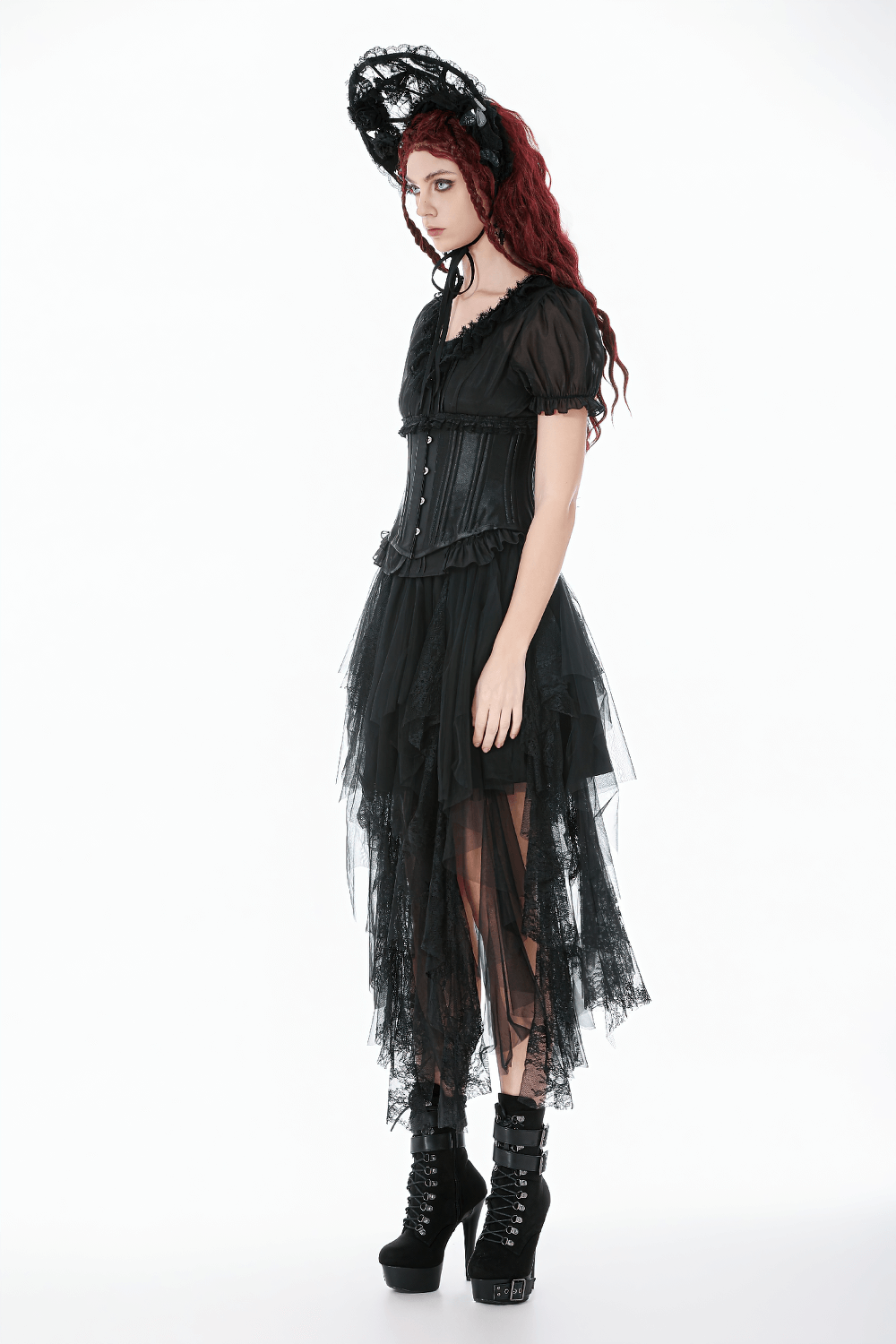 Black Satin Underbust Corset with Front Busk Closure