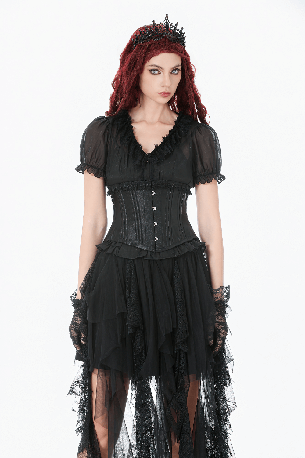 Black Satin Underbust Corset with Front Busk Closure