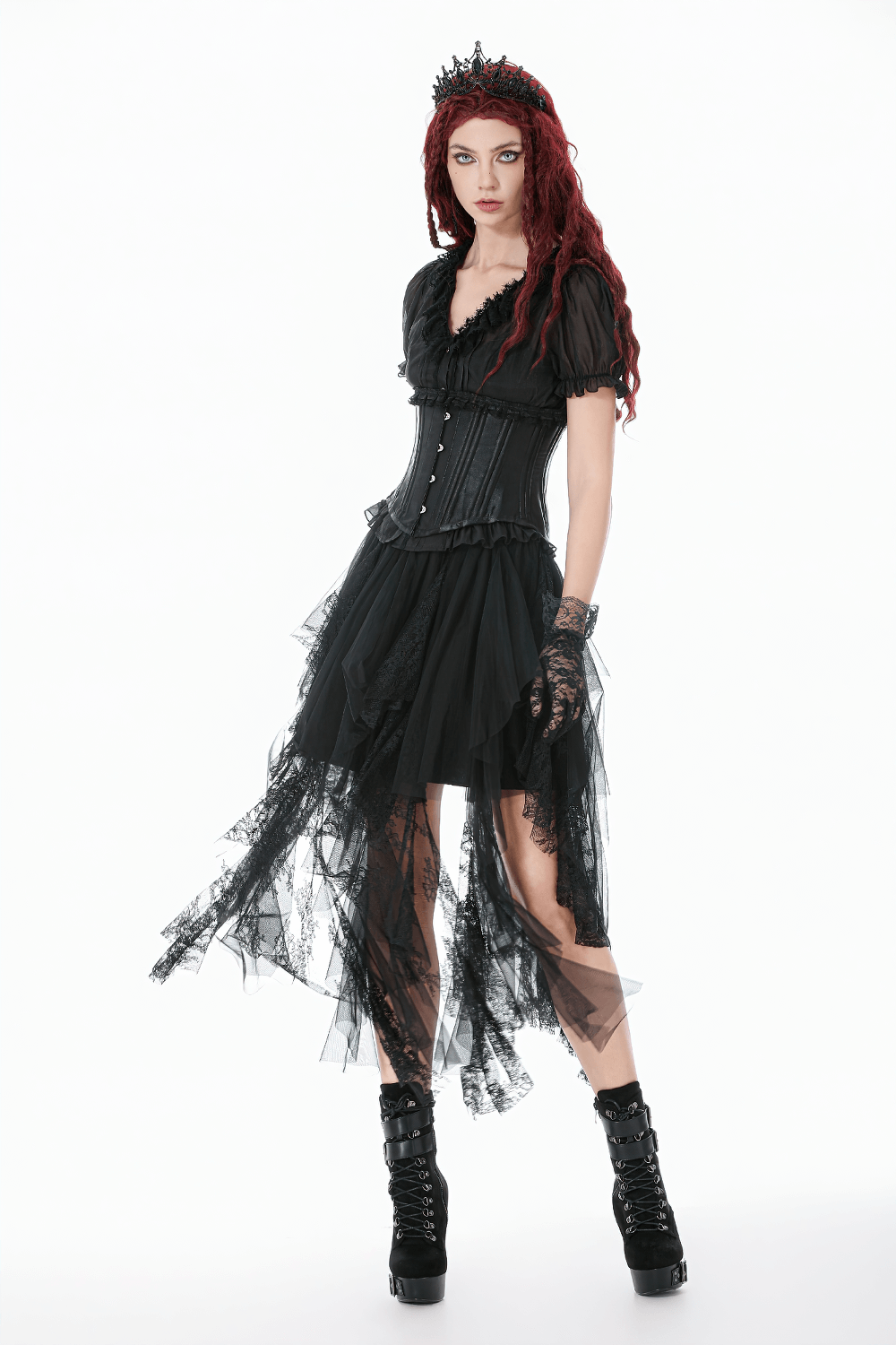 Black Satin Underbust Corset with Front Busk Closure
