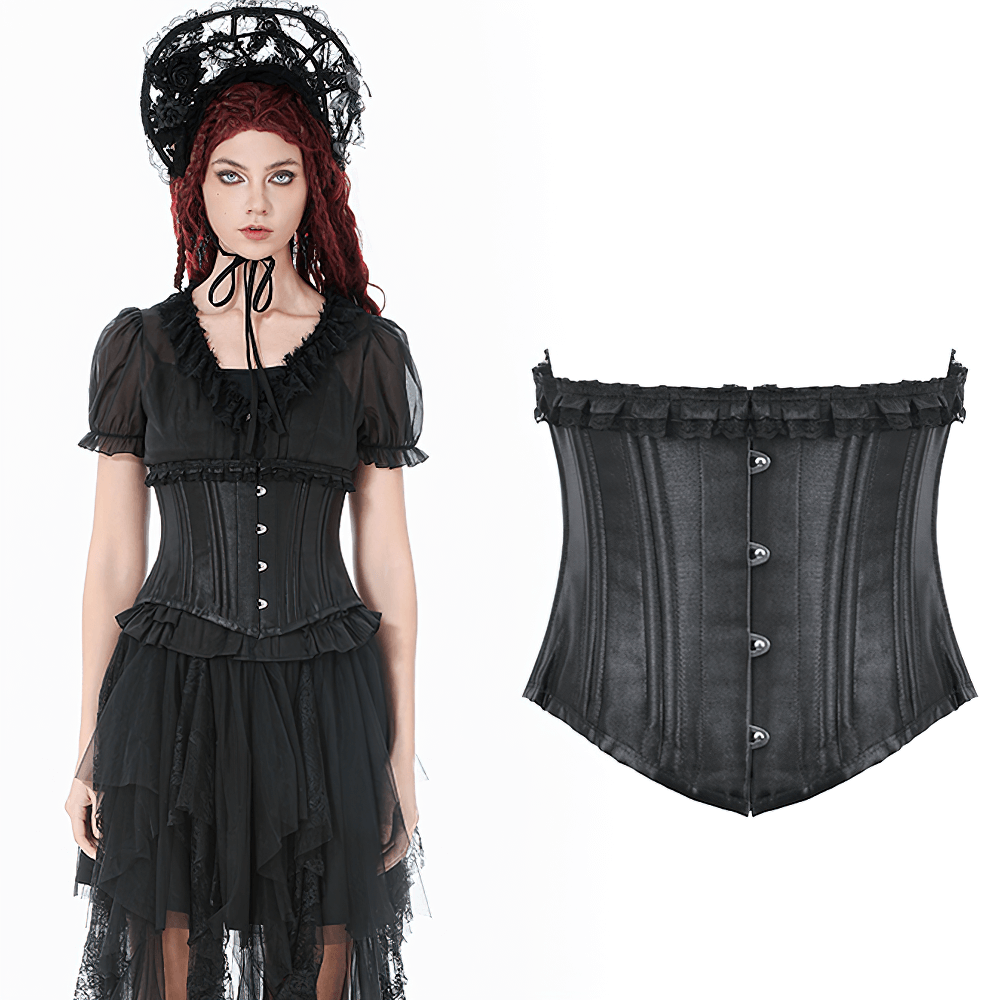 Black Satin Underbust Corset with Front Busk Closure