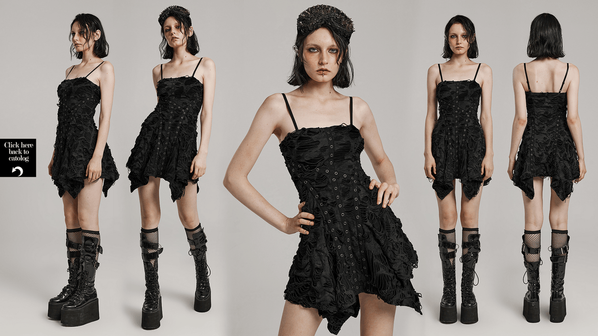 Black Shredded Punk Mini Dress with Tattered Texture