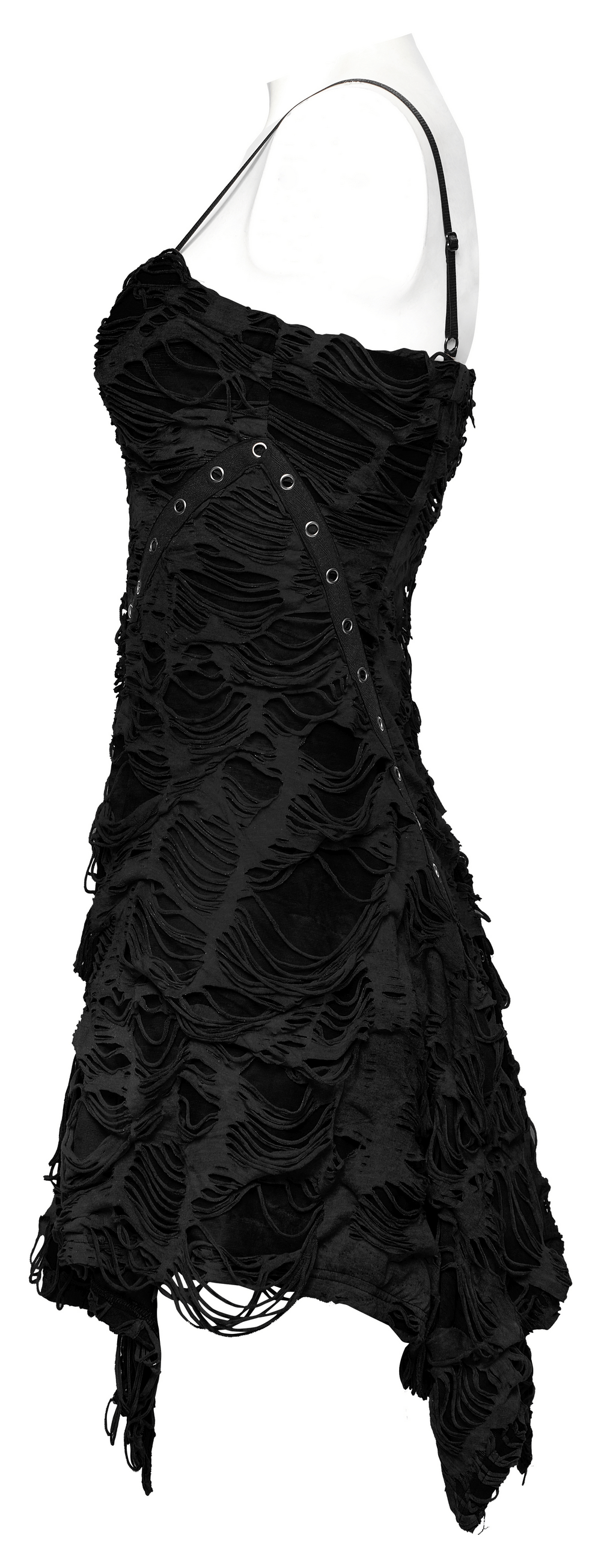 Black Shredded Punk Mini Dress with Tattered Texture