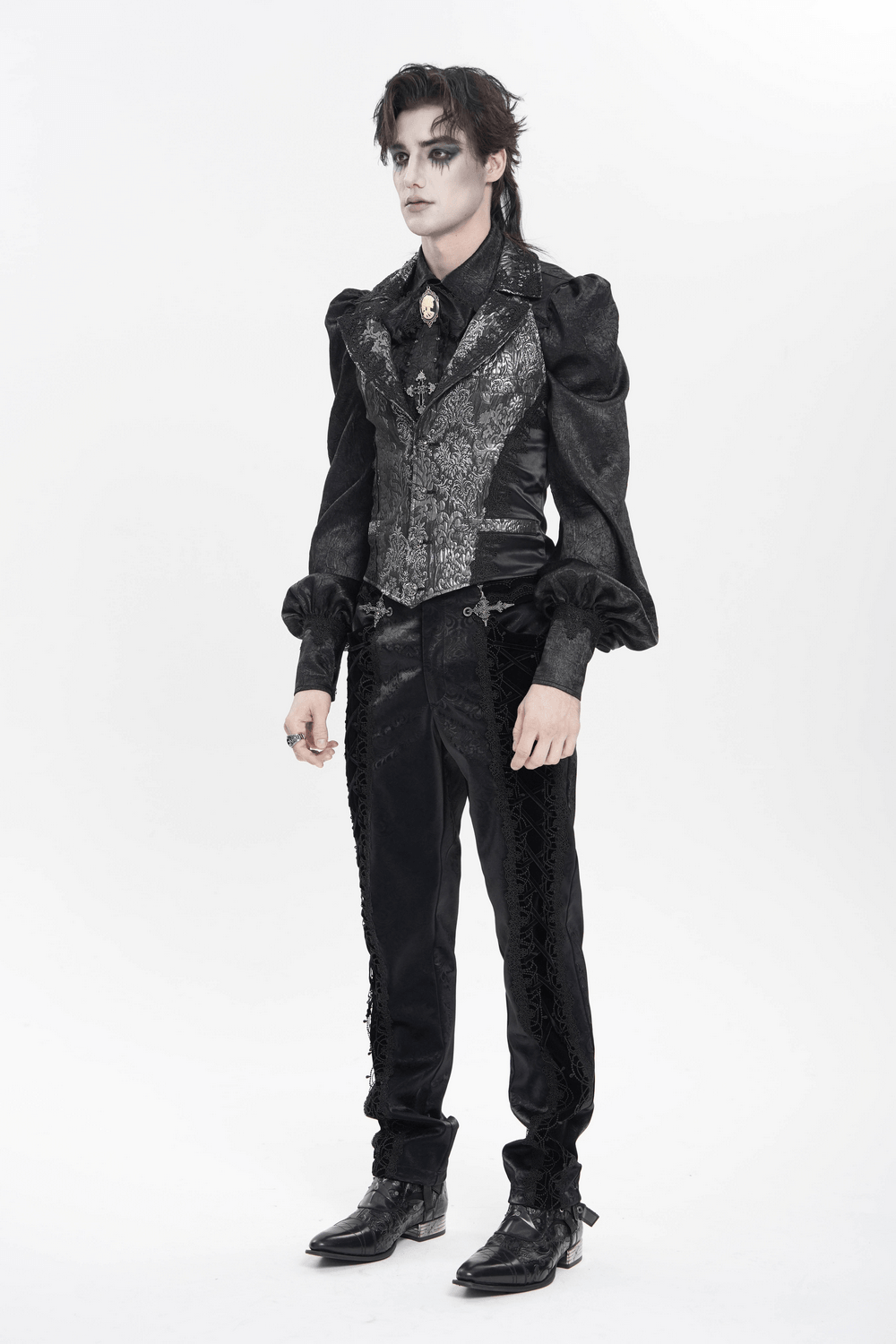 Black Silver Gothic Brocade Waistcoat with Lace