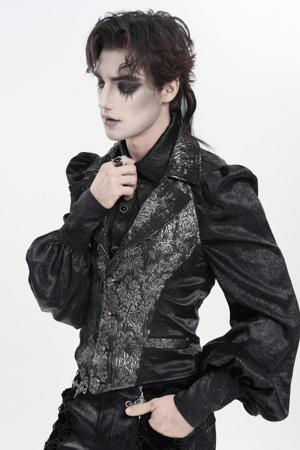 Black Silver Gothic Brocade Waistcoat with Lace