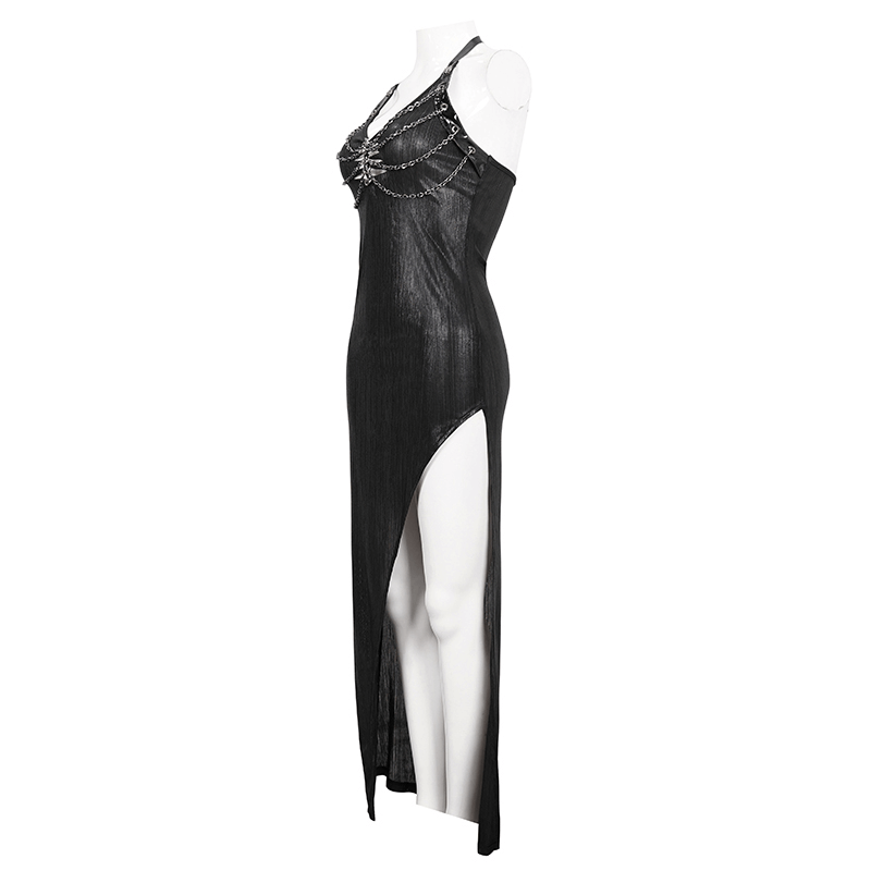 Black Sleevless High Slit On Side Long Dress / Gothic Women's Clothing with Chain