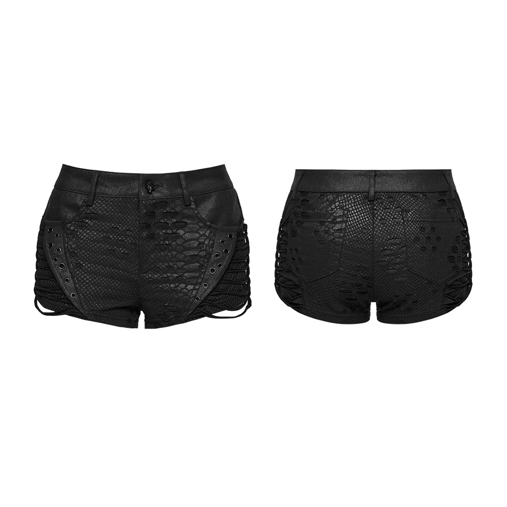 Black Snake-Print Punk Low Waist Lace-Up Shorts
