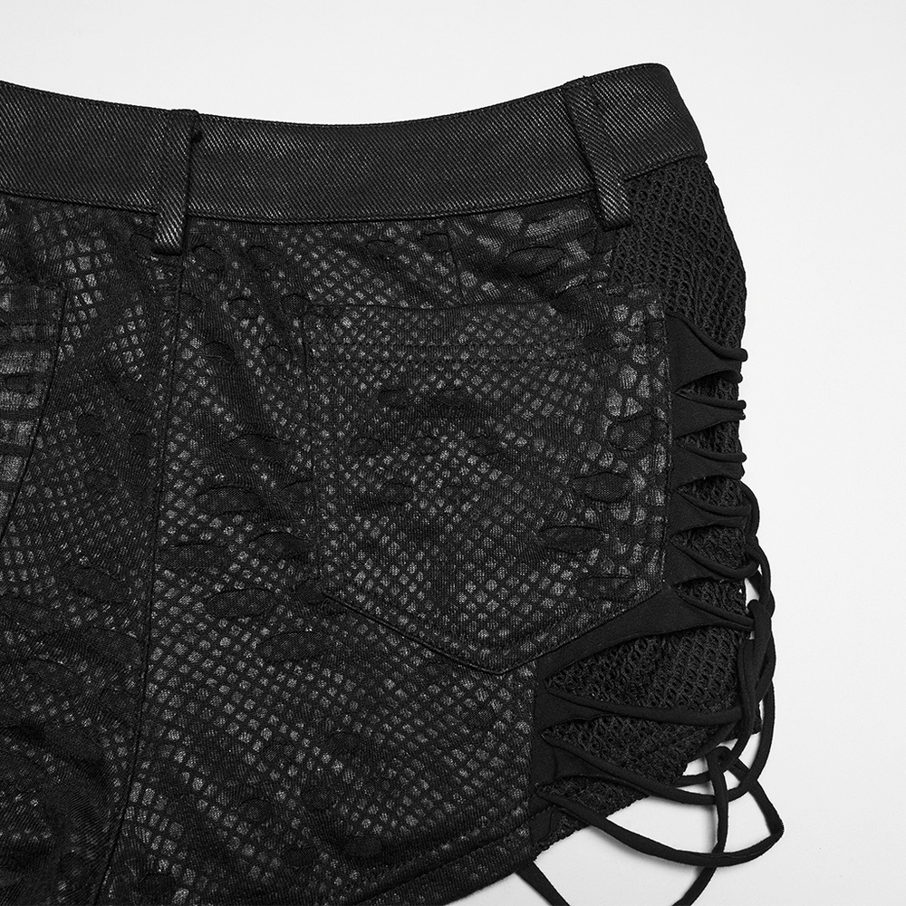 Black Snake-Print Punk Low Waist Lace-Up Shorts
