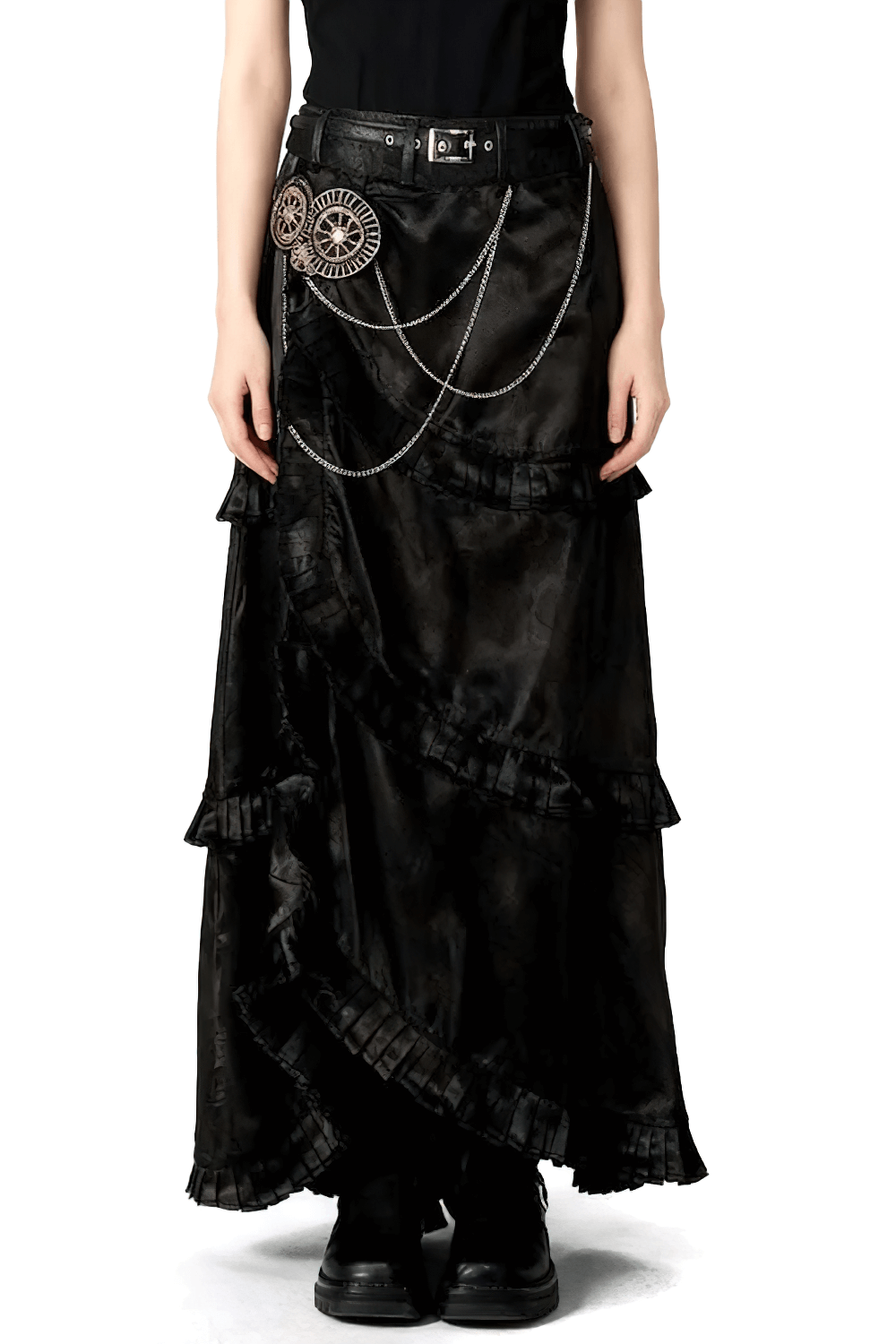 Black Steampunk Layered High Low Skirt with Chain Detail