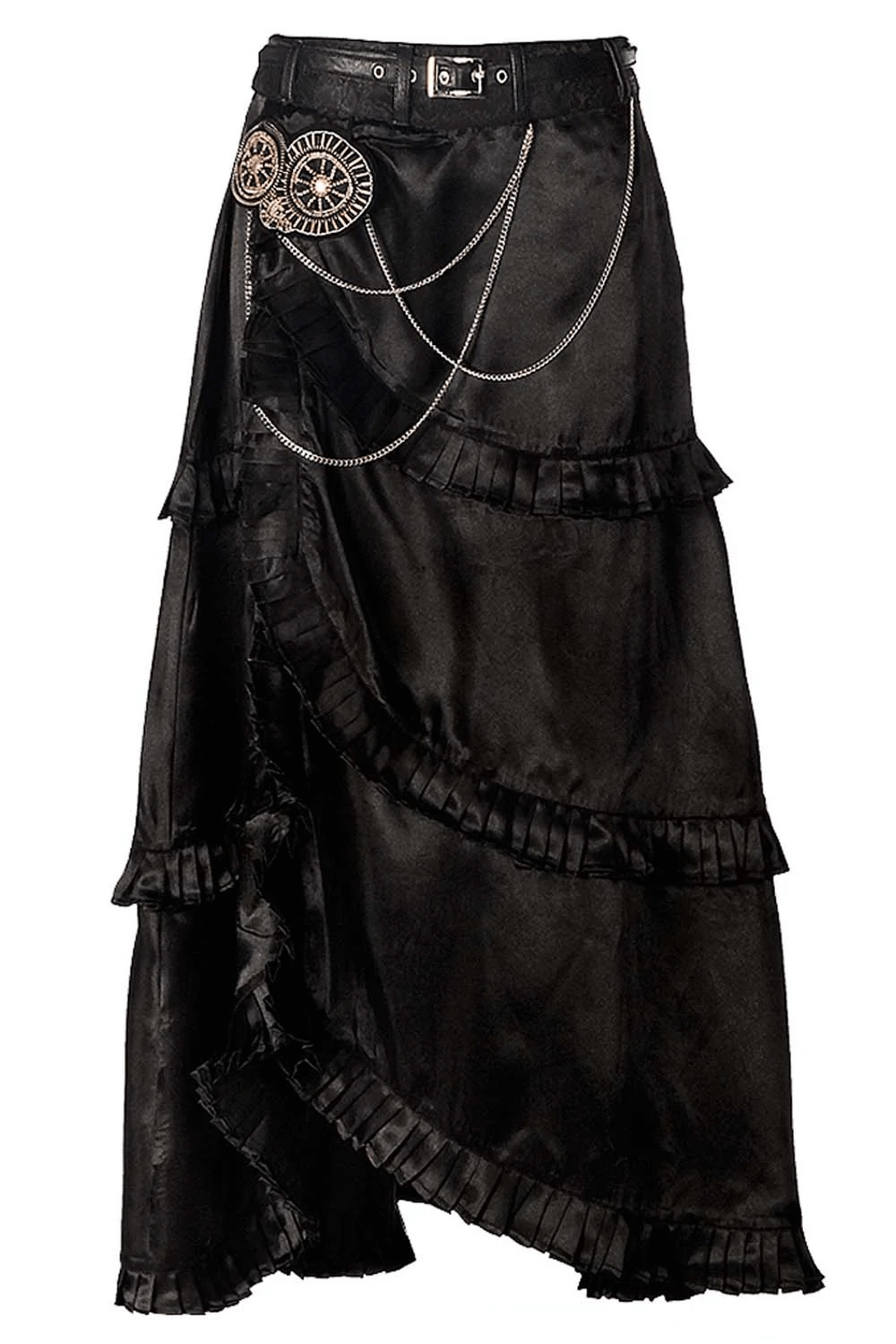 Black Steampunk Layered High Low Skirt with Chain Detail