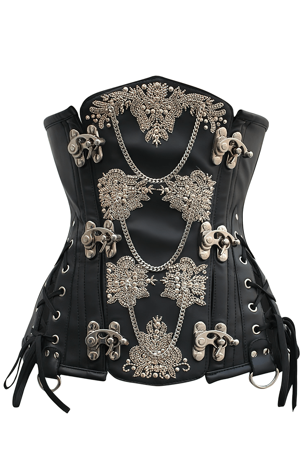 Black Steampunk Underbust Corset with Embroidered Chain Trim