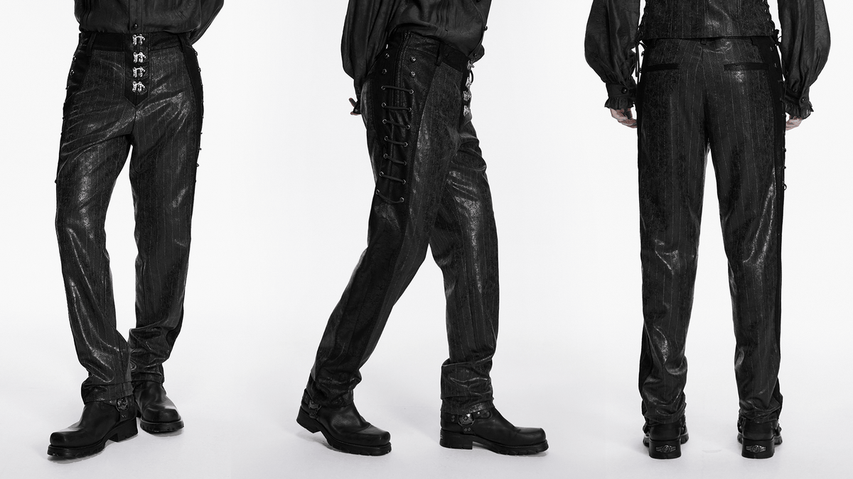Black Striped Imitation Leather Steampunk Pants