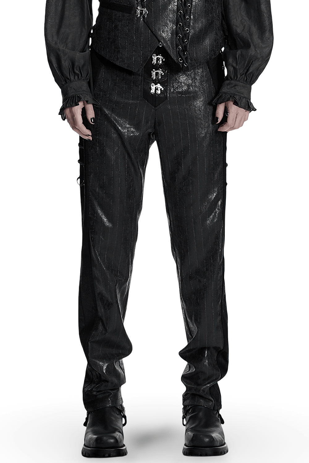 Black Striped Imitation Leather Steampunk Pants