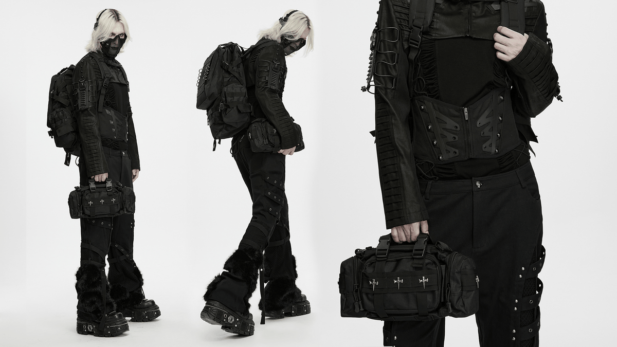 Black Tactical Backpack with Webbing and Pouches