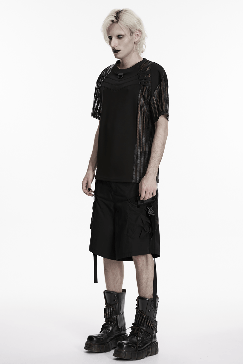Black Techwear Cargo Shorts With Hanging Straps