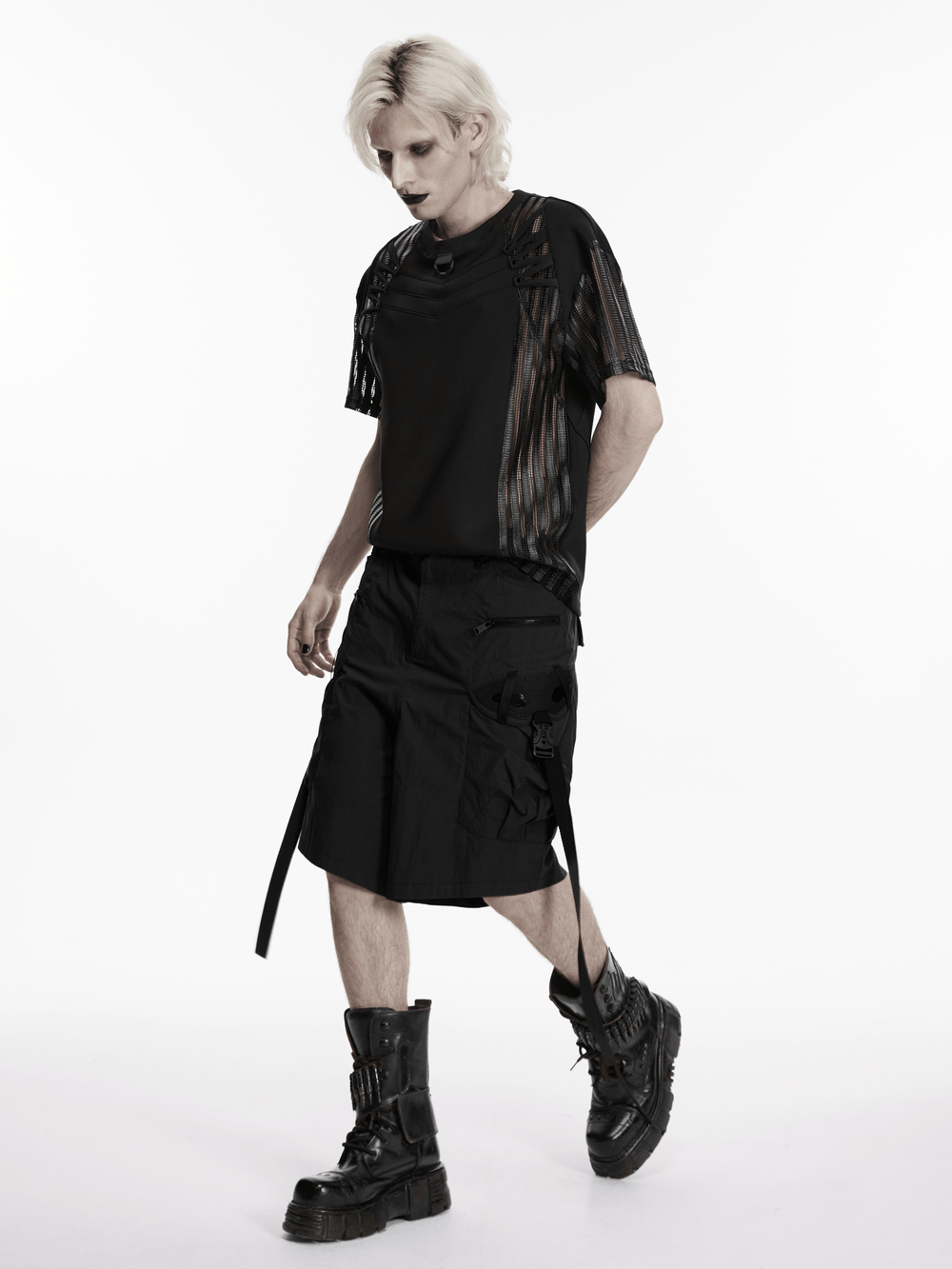 Black Techwear Cargo Shorts With Hanging Straps