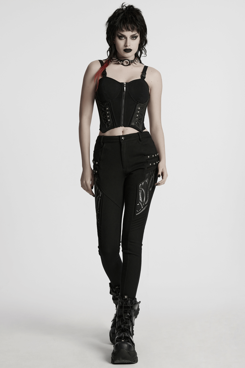 US SALE of Black Techwear Trousers with Rubber Patch Details