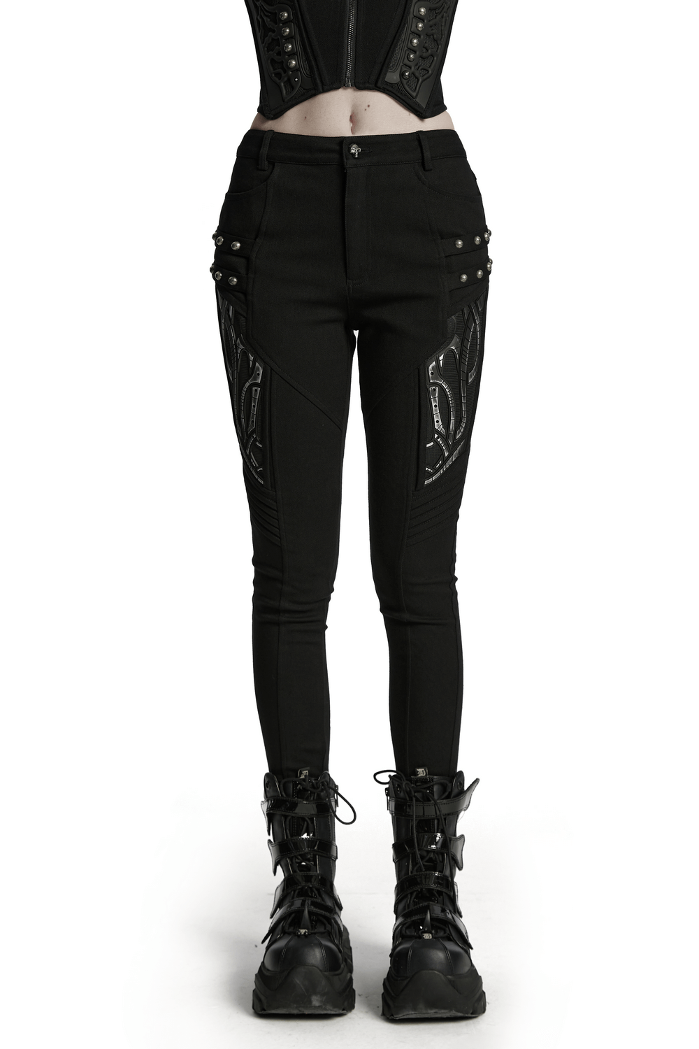 US SALE of Black Techwear Trousers with Rubber Patch Details