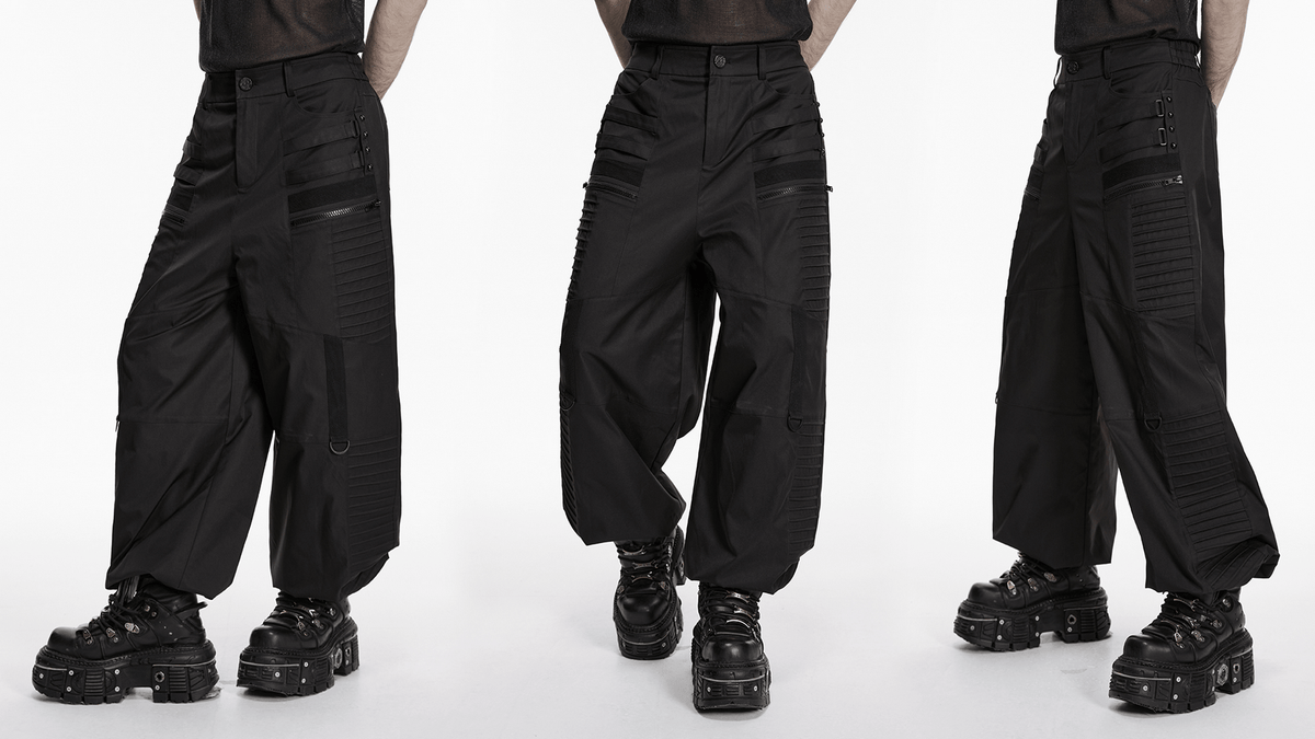 Black Techwear Wide Leg Pants with Pressed Strips