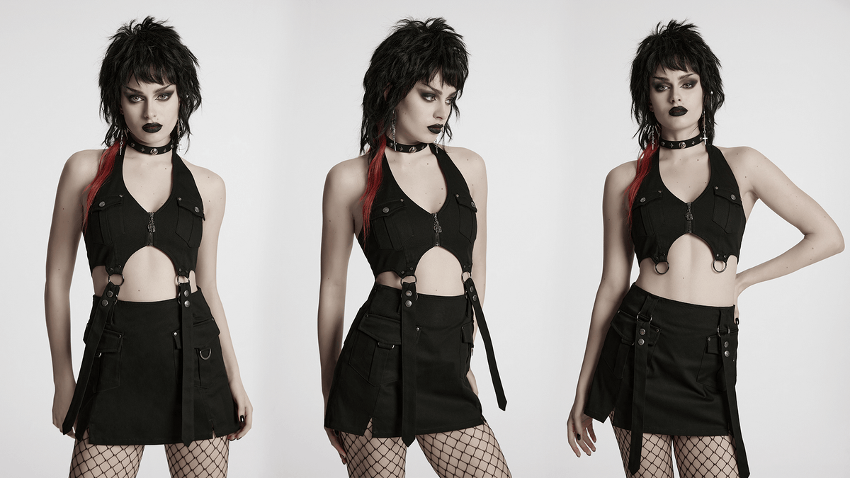 Black Twill Punk Harness Dress with Zipper and Straps